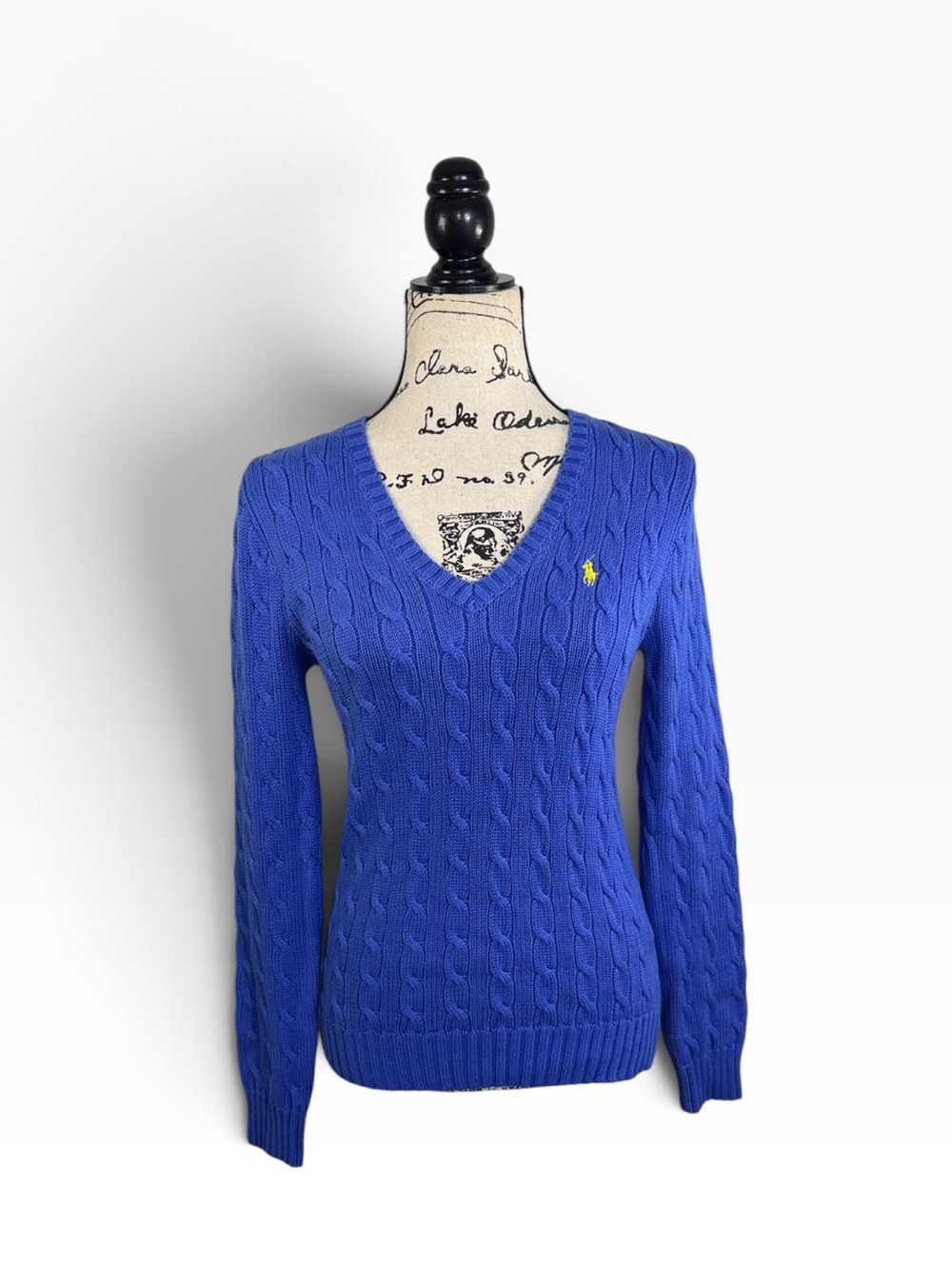 Ralph Lauren Women's Cable Knit V-Neck Sweater - Cobalt Blue with Yellow Pony